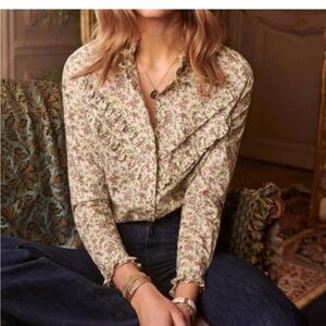Sezane Rosa Floral Ruffle Blouse in Cream, Pink and Green